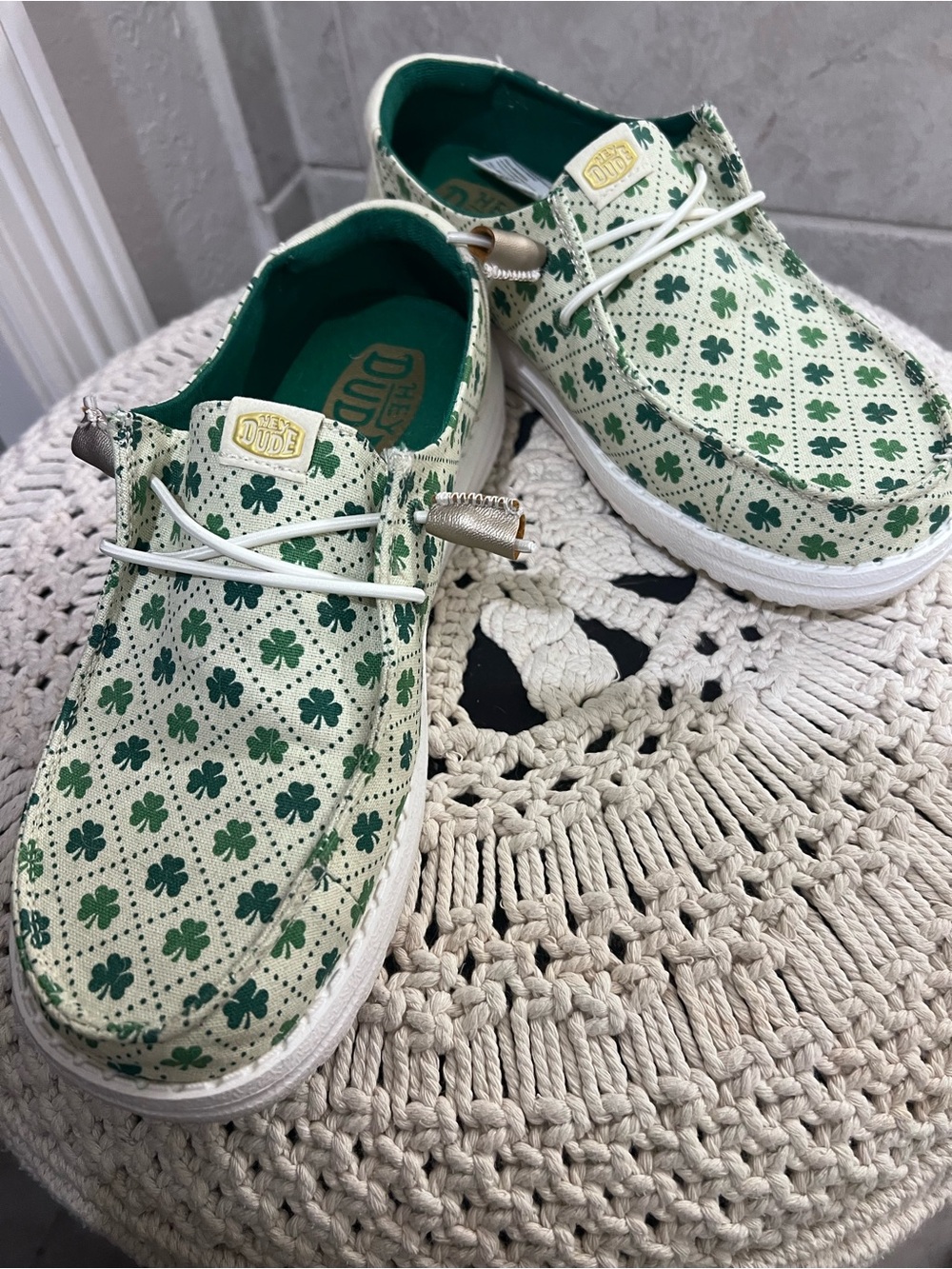 Hey Dude Women's Clover Print Slip-On Flats in Green and White